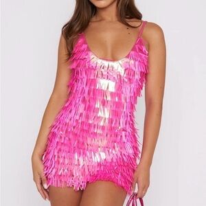 White fox hot pink sequin dress